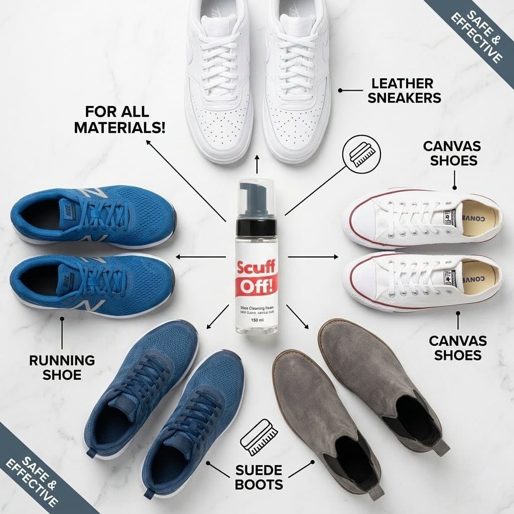 Scuff Off works on all shoe materials - leather, canvas, suede, running shoes