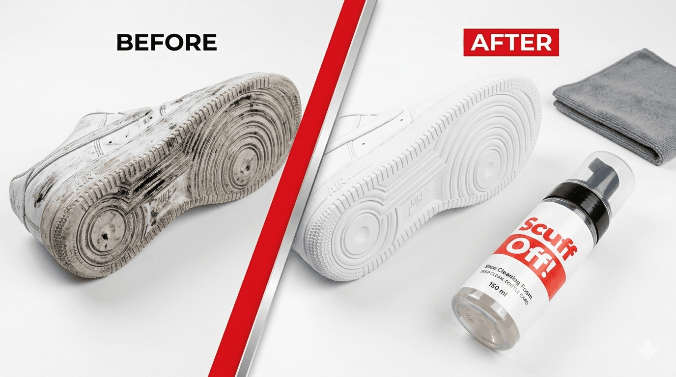 Before and After using Scuff Off - dramatic shoe cleaning results