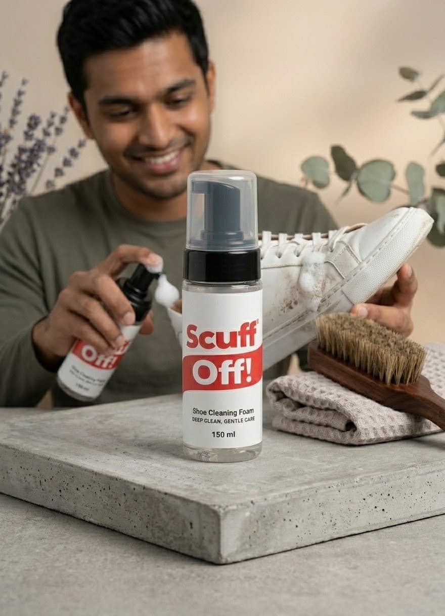 Applying Scuff Off foam to dirty shoes