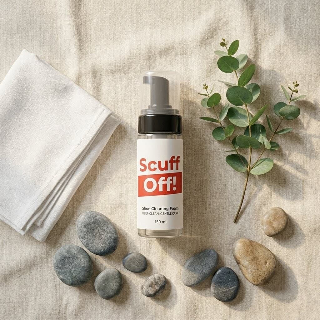 Scuff Off! Premium Shoe Cleaning Foam — elegant flat lay