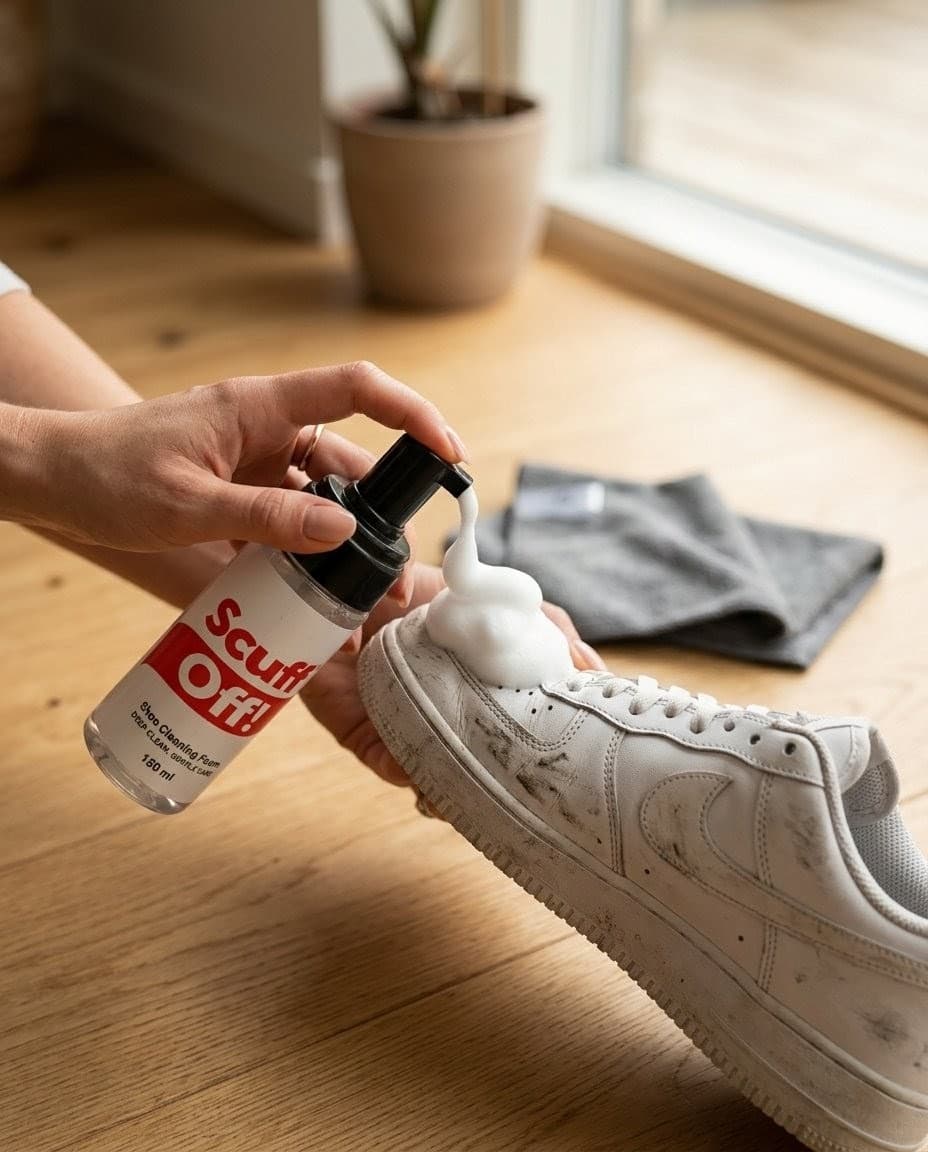 Scuff Off bottle in front of sneaker collection